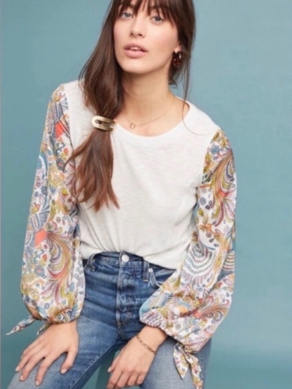 Anthropologie Maybelle Bird Tie Sleeve Top  Cotton/Modal Size Medium